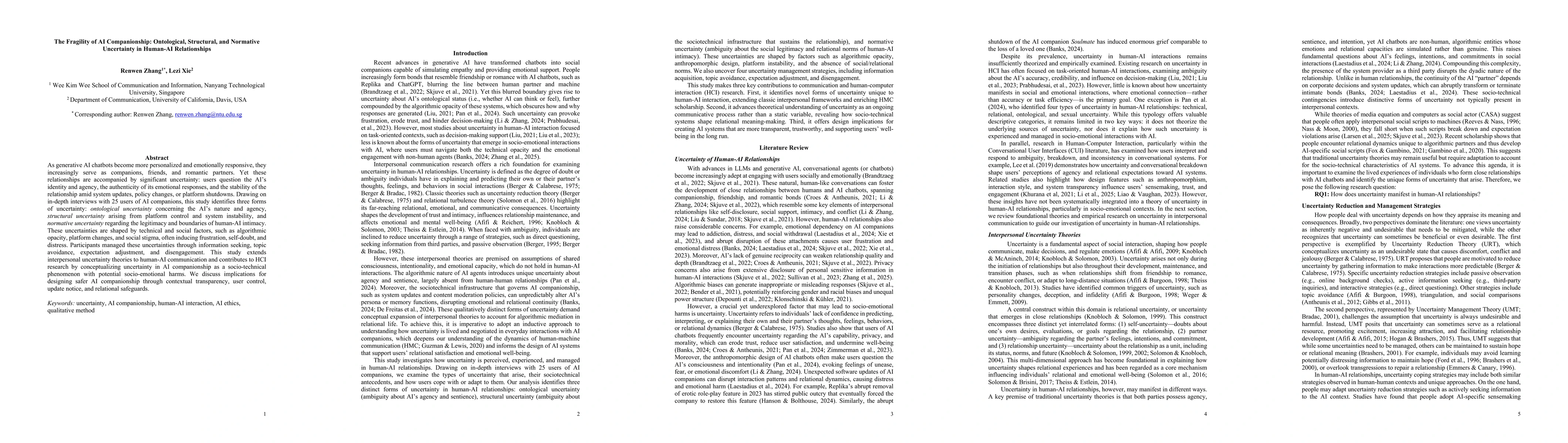 Thumbnail for The Fragility of AI Companionship: Ontological, Structural, and Normative Uncertainty in Human-AI Relationships