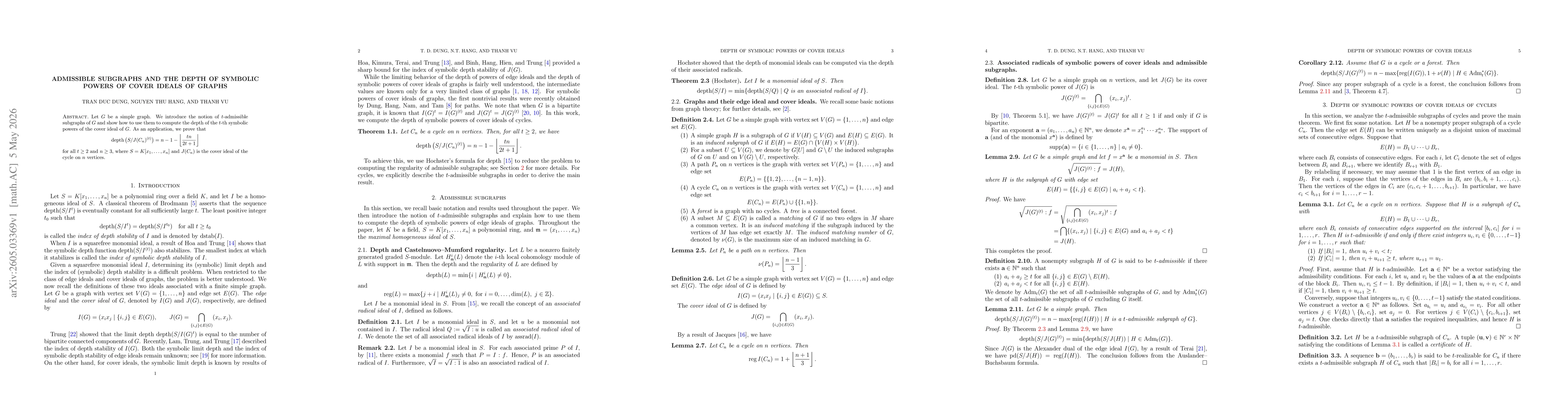 Thumbnail for Admissible subgraphs and the depth of symbolic powers of cover ideals of graphs