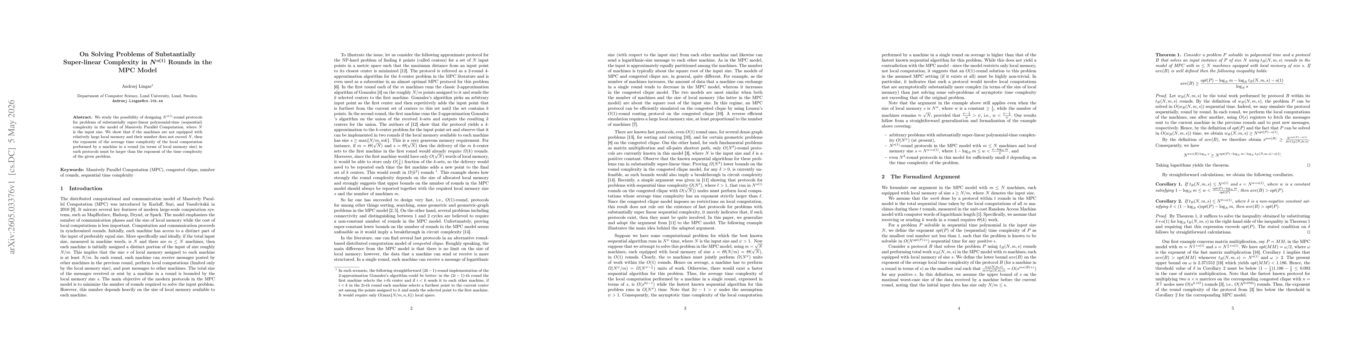 Thumbnail for On Solving Problems of Substantially Super-linear Complexity in $N^{o(1)}$ Rounds in the MPC Model