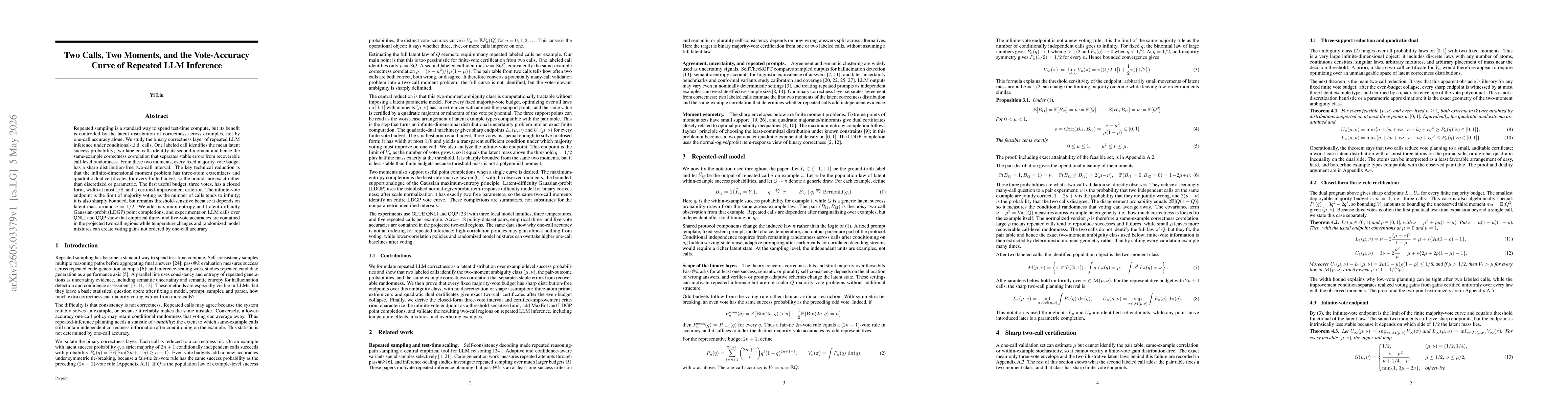 Thumbnail for Two Calls, Two Moments, and the Vote-Accuracy Curve of Repeated LLM Inference