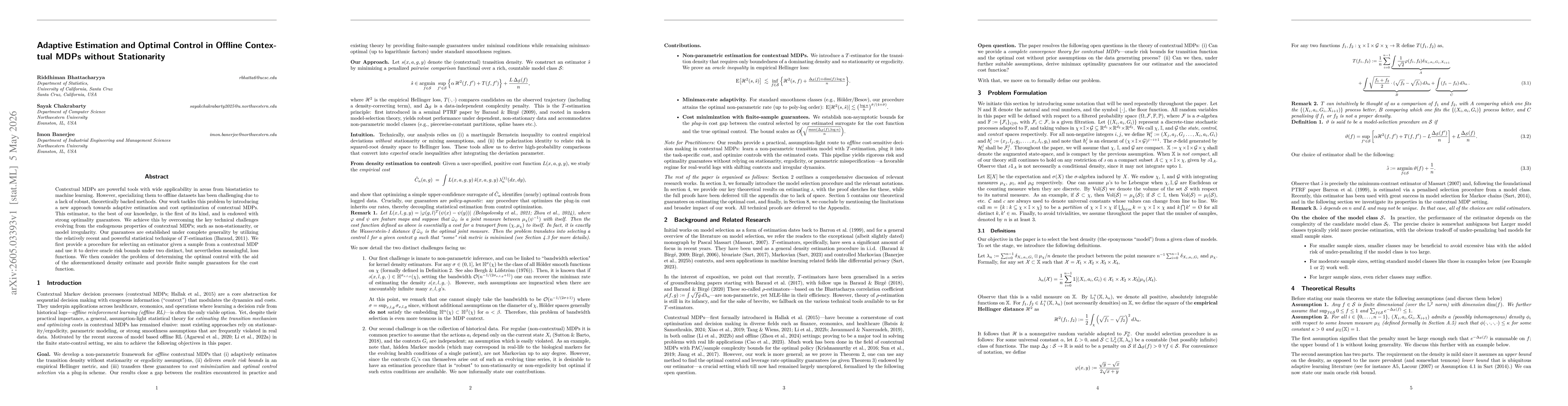 Thumbnail for Adaptive Estimation and Optimal Control in Offline Contextual MDPs without Stationarity