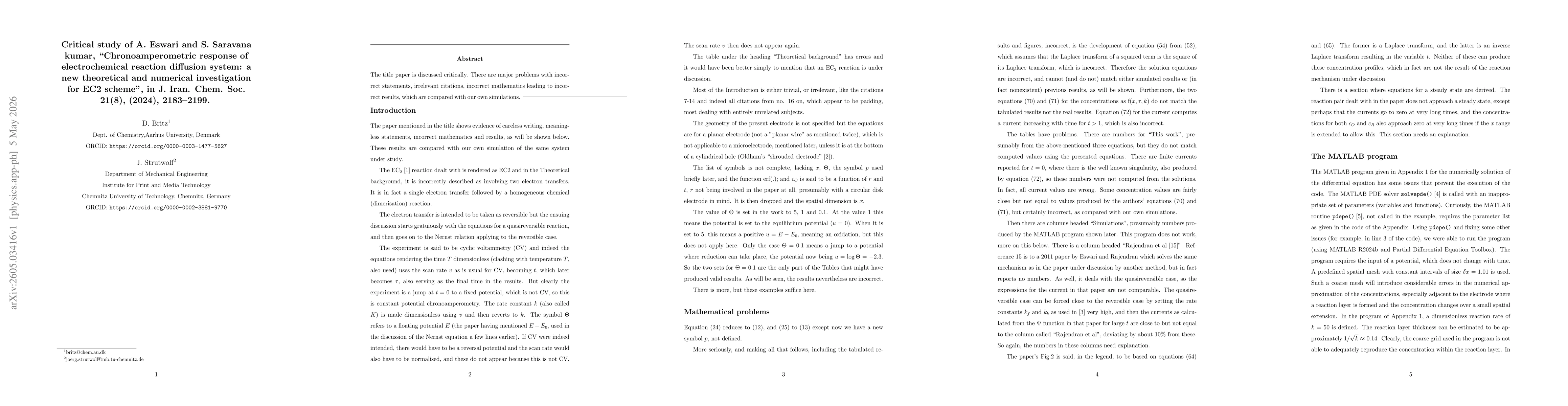 Thumbnail for Critical study of A. Eswari and S. Sarvana kumar, "Chronoamperometric response of electrochemical reaction diffusion system: a new theoretical and numerical investigation for EC2 scheme", in J. Iran. Chem. Soc. 21(8), (2024), 2183-2199