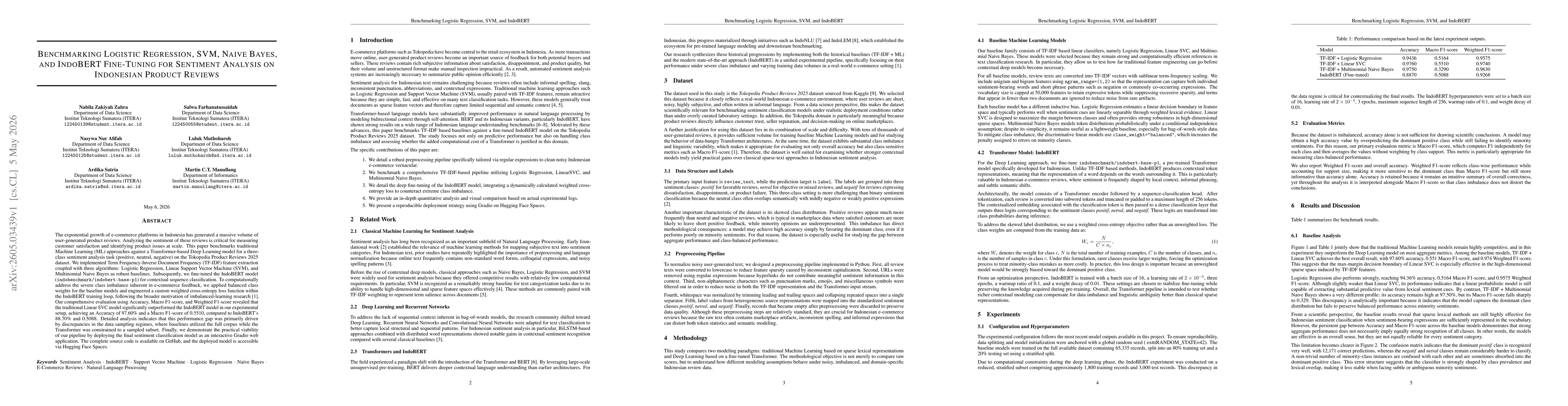 Thumbnail for Benchmarking Logistic Regression, SVM, Naive Bayes, and IndoBERT Fine-Tuning for Sentiment Analysis on Indonesian Product Reviews