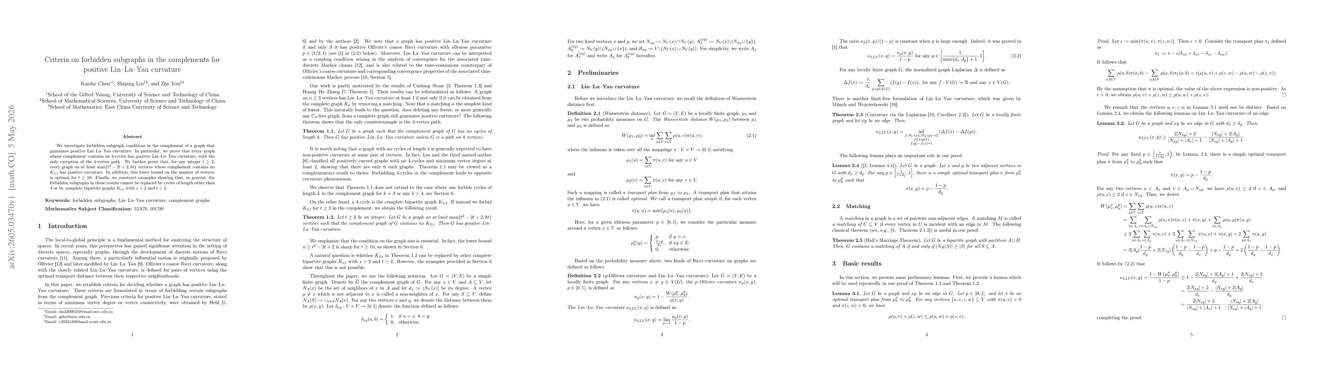 Thumbnail for Criteria on forbidden subgraphs in the complements for positive Lin--Lu--Yau curvature