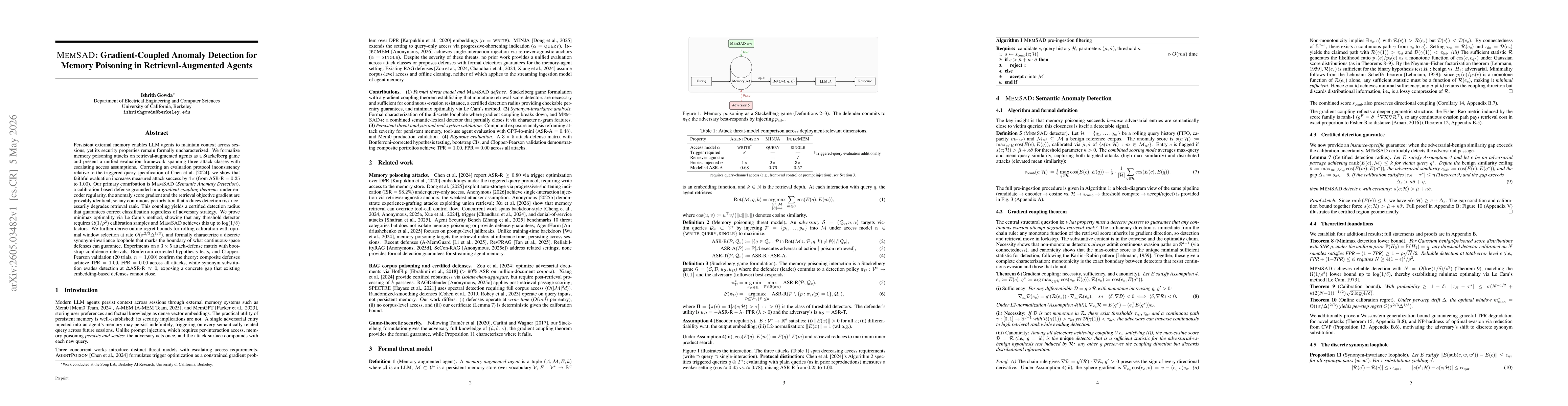 Thumbnail for MEMSAD: Gradient-Coupled Anomaly Detection for Memory Poisoning in Retrieval-Augmented Agents