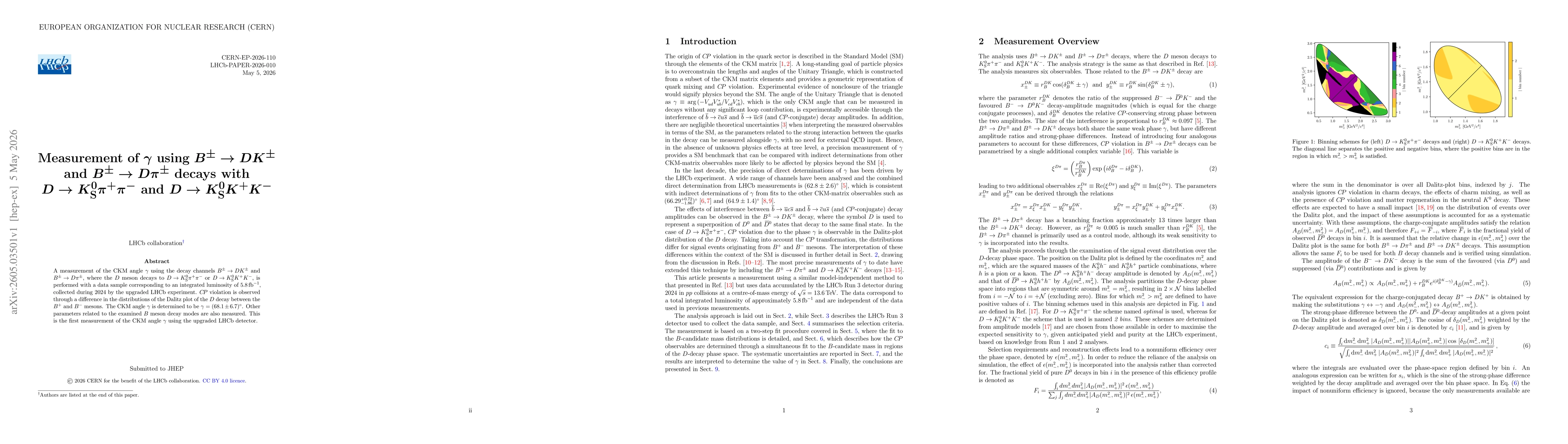 Thumbnail for Measurement of $γ$ using $B^{\pm}\rightarrow DK^{\pm}$ and $B^{\pm}\rightarrow Dπ^{\pm}$ decays with $D\rightarrow K_{\rm S}^{0}π^{+}π^{-}$ and $D\rightarrow K_{\rm S}^{0}K^{+}K^{-}$