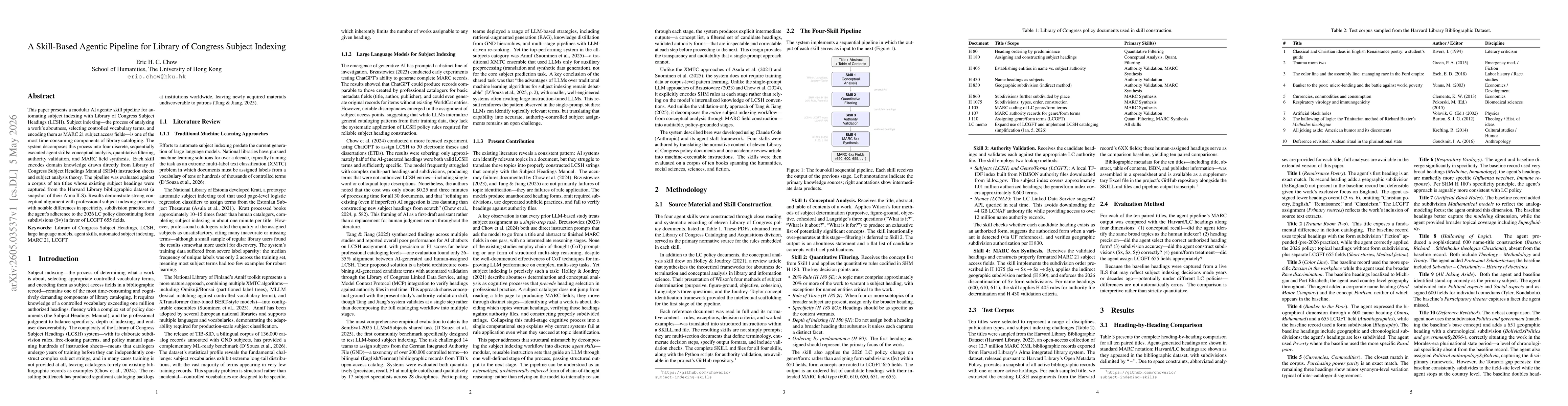 Thumbnail for A Skill-Based AI Agentic Pipeline for Library of Congress Subject Indexing