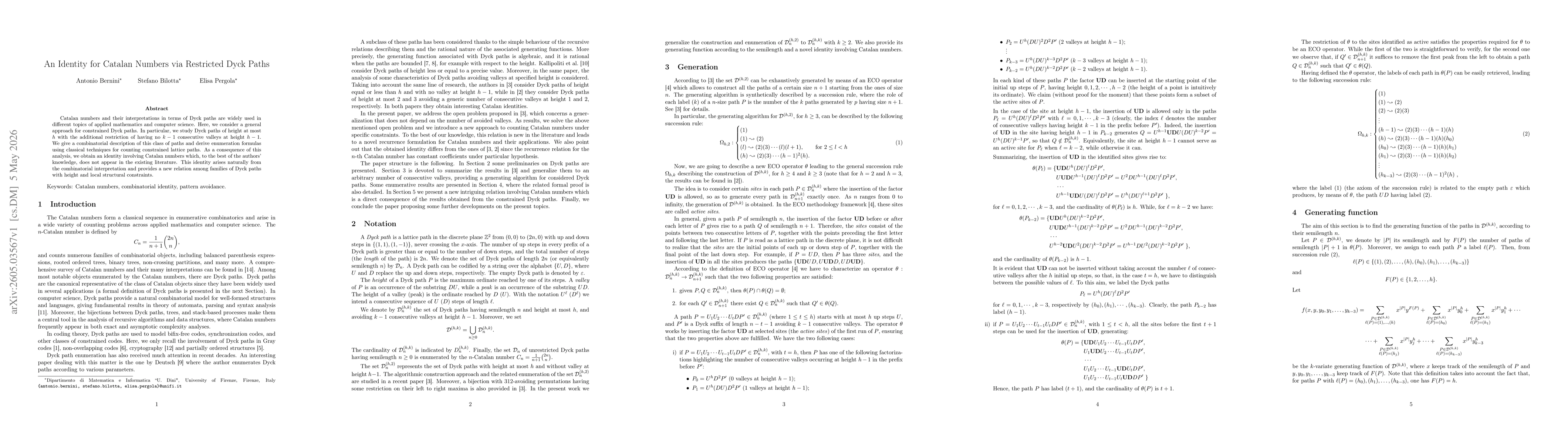 Thumbnail for An Identity for Catalan Numbers via Restricted Dyck Paths