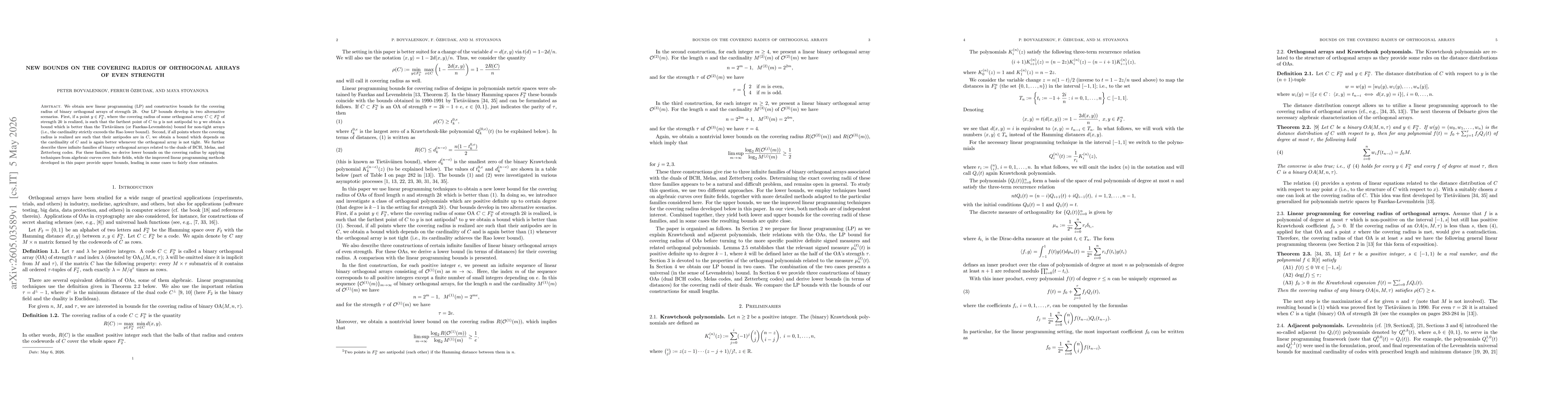 Thumbnail for New bounds on the covering radius of orthogonal arrays of even strength