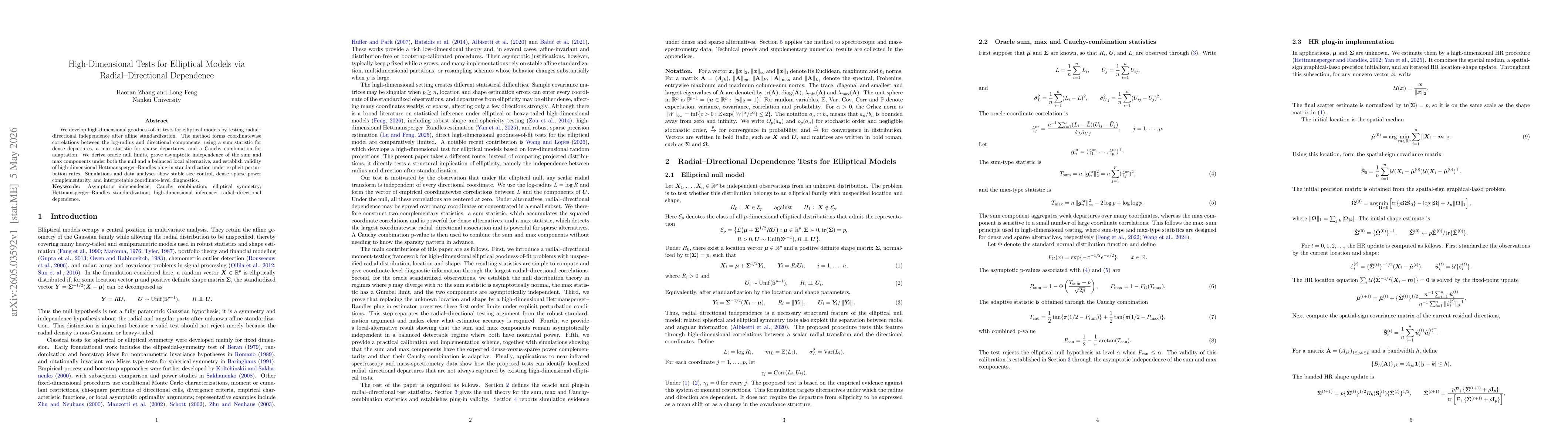 Thumbnail for High-Dimensional Tests for Elliptical Models via Radial--Directional Dependence
