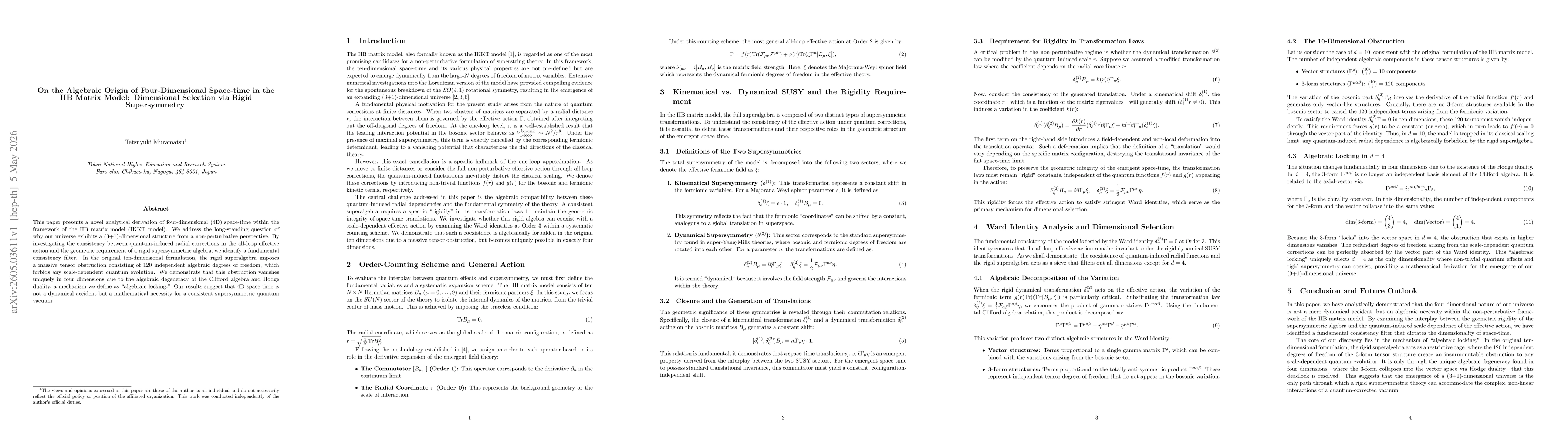 Thumbnail for On the Algebraic Origin of Four-Dimensional Space-time in the IIB Matrix Model: Dimensional Selection via Rigid Supersymmetry