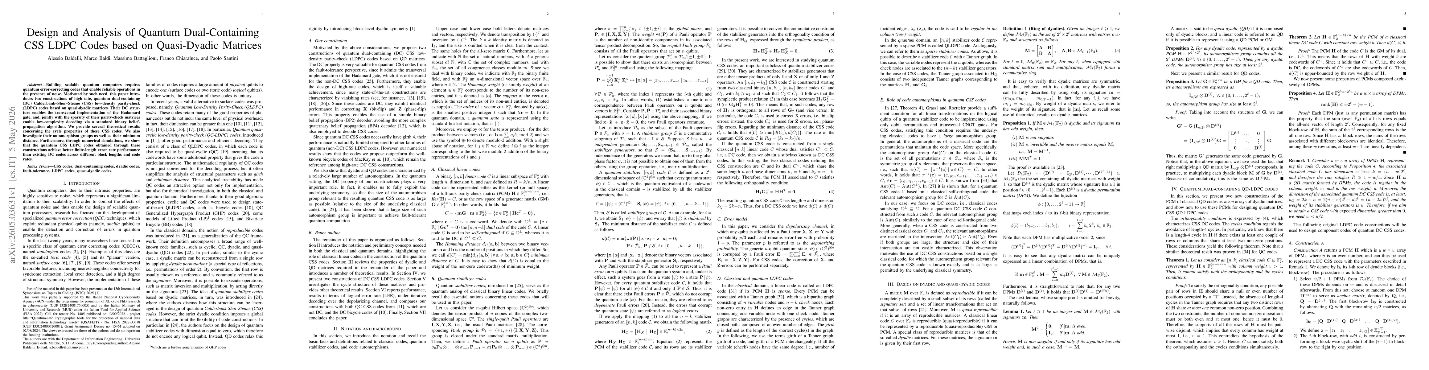 Thumbnail for Design and Analysis of Quantum Dual-Containing CSS LDPC Codes based on Quasi-Dyadic Matrices