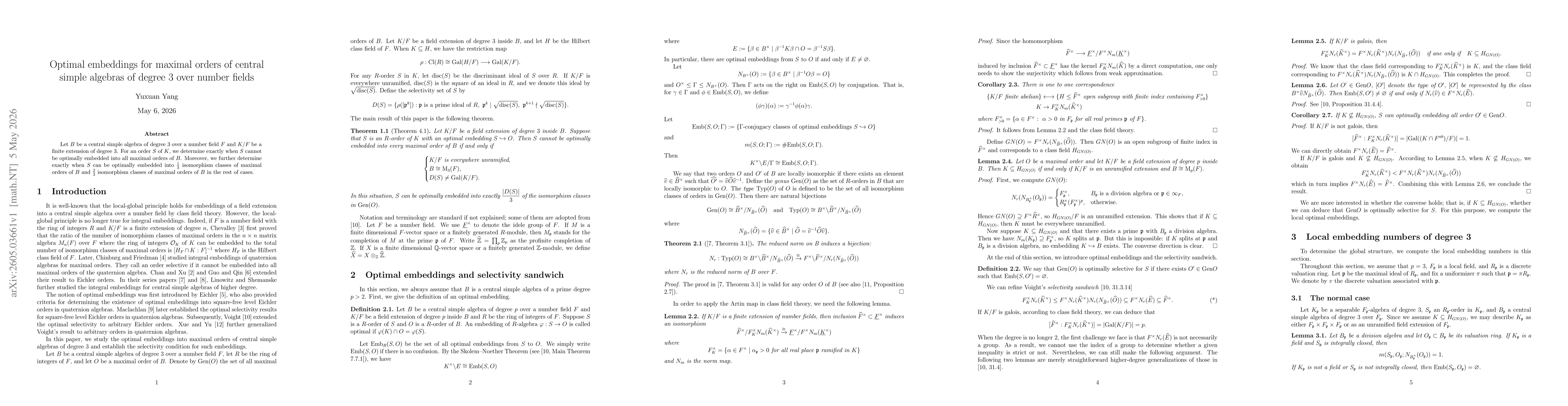Thumbnail for Optimal embeddings for maximal orders of central simple algebras of degree 3 over number fields