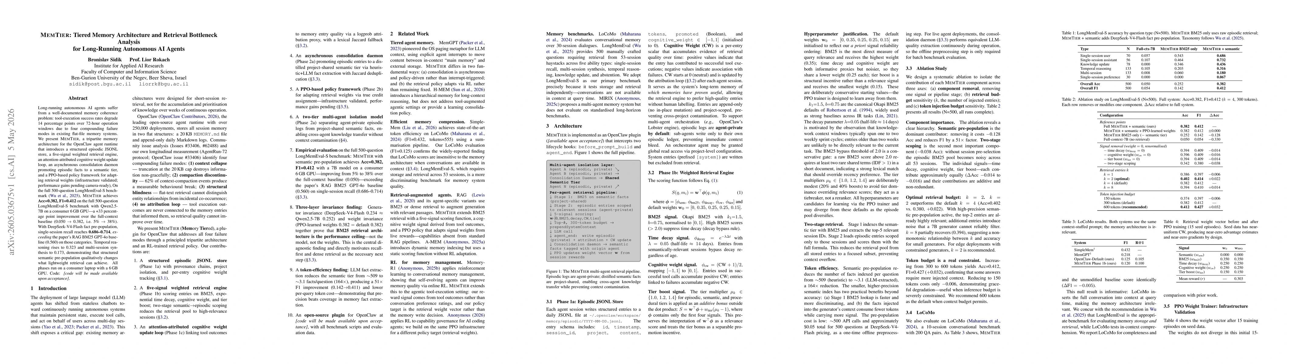 Thumbnail for MEMTIER: Tiered Memory Architecture and Retrieval Bottleneck Analysis for Long-Running Autonomous AI Agents