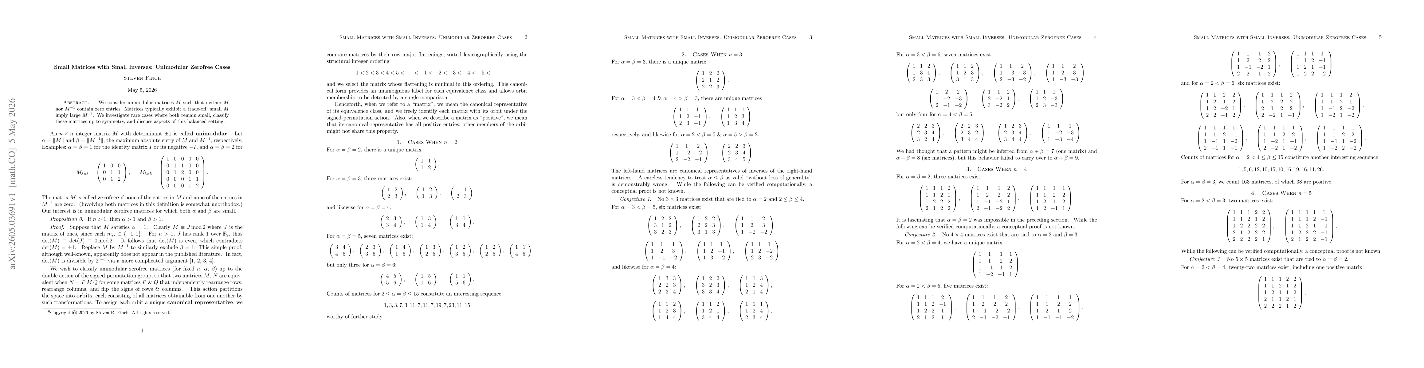 Thumbnail for Small Matrices with Small Inverses: Unimodular Zerofree Cases