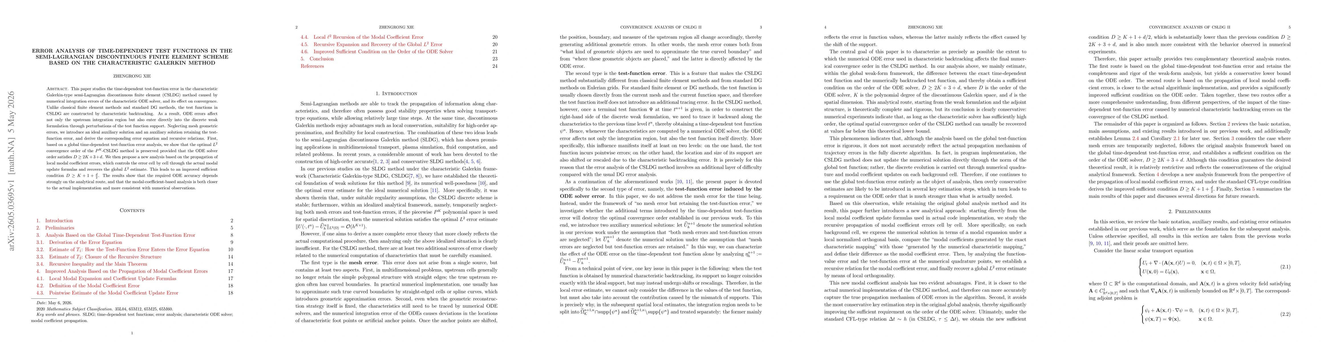 Thumbnail for Error Analysis of Time-Dependent Test Functions in the Semi-Lagrangian Discontinuous Finite Element Scheme Based on the Characteristic Galerkin Method