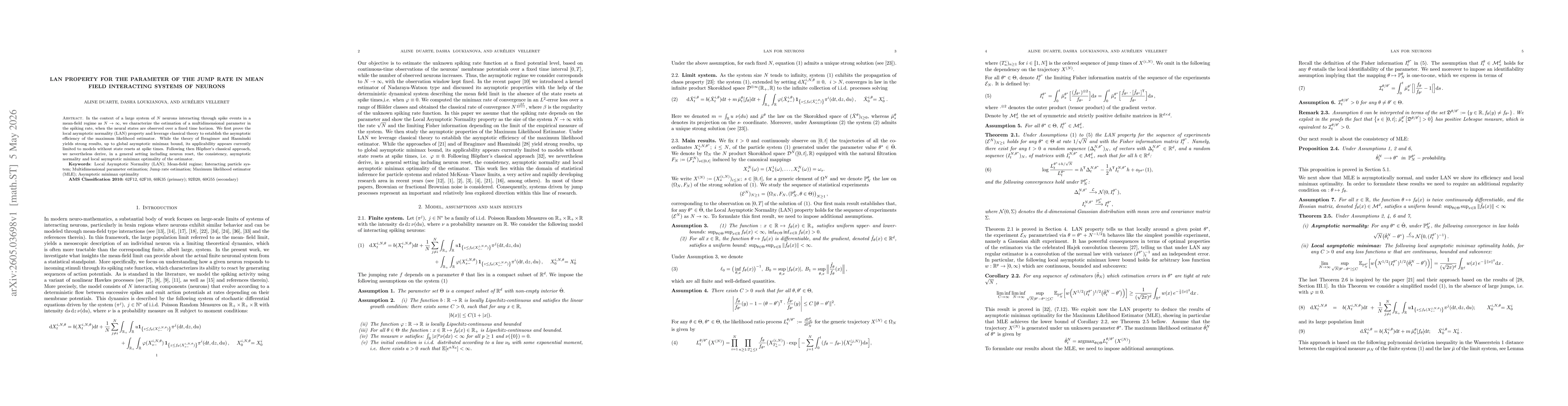 Thumbnail for LAN property for the parameter of the jump rate in mean field interacting systems of neurons