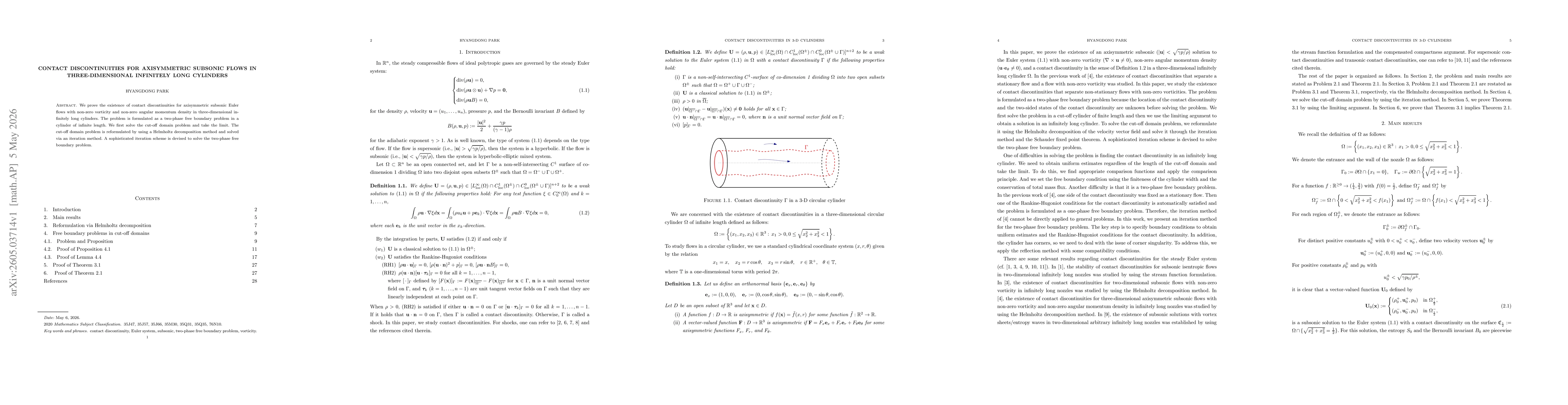 Thumbnail for Contact discontinuities for axisymmetric subsonic flows in three-dimensional infinitely long cylinders