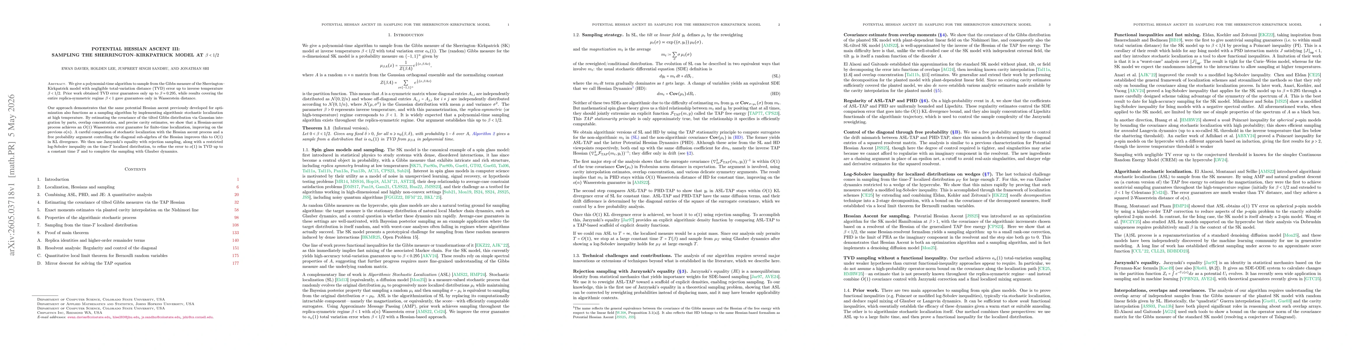 Thumbnail for Potential Hessian Ascent III: Sampling the Sherrington--Kirkpatrick Model at Beta < 1/2