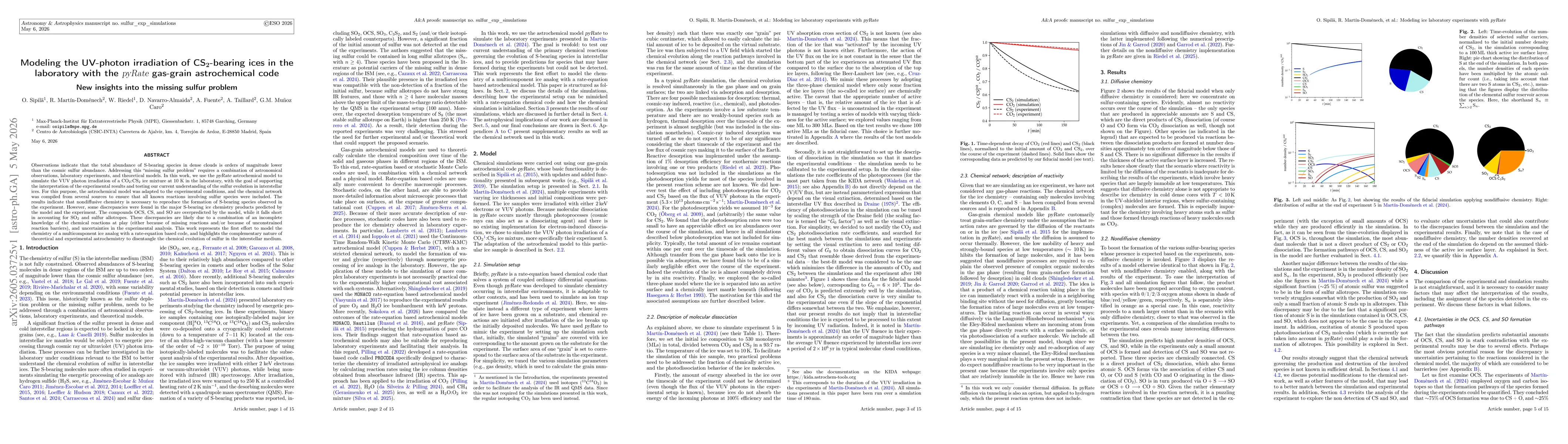 Thumbnail for Modeling the UV-photon irradiation of CS$_2$-bearing ices in the laboratory with the pyRate gas-grain astrochemical code. New insights into the missing sulfur problem