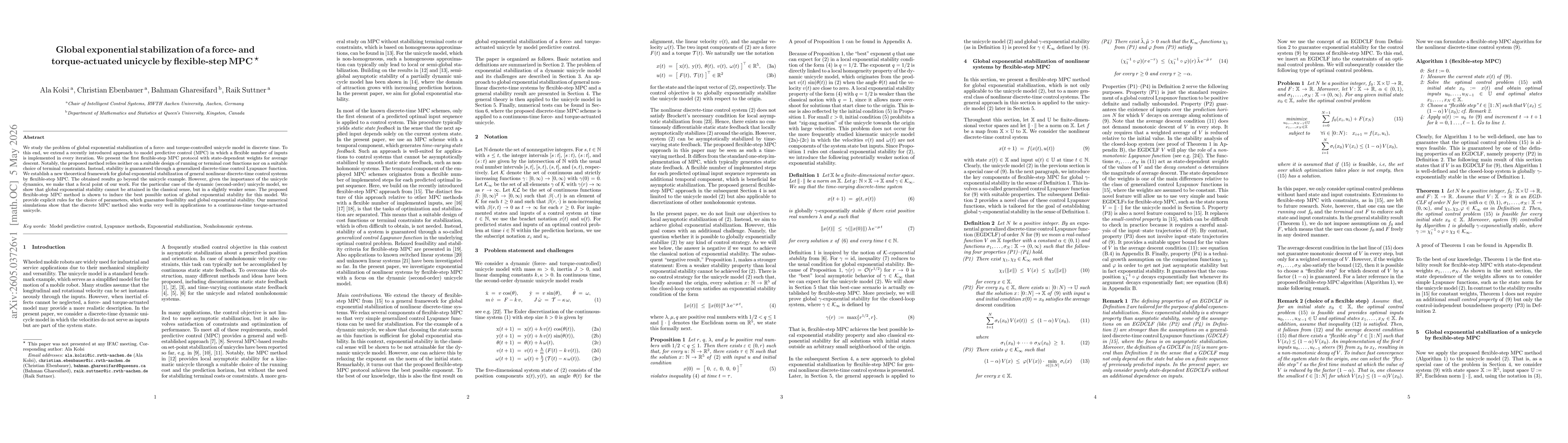 Thumbnail for Global exponential stabilization of a force- and torque-actuated unicycle by flexible-step MPC