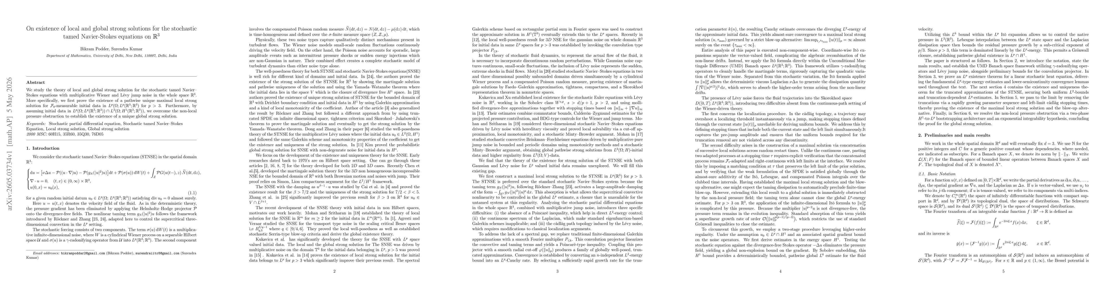 Thumbnail for On existence of local and global strong solutions for the stochastic tamed Navier-Stokes equations on $\mathbb{R}^3$