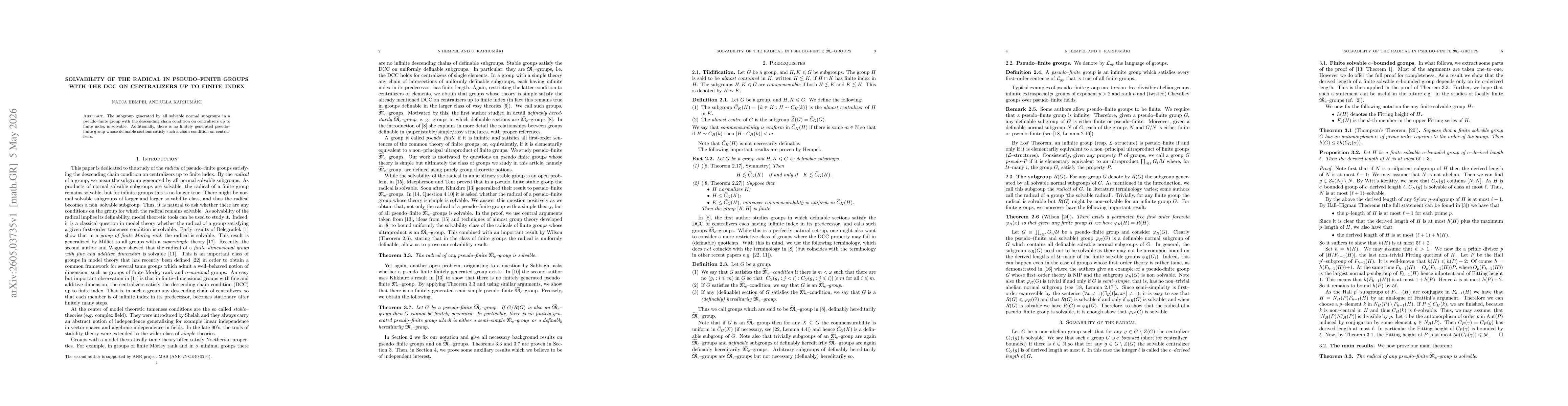 Thumbnail for Solvability of the radical in pseudo-finite groups with the DCC on centralizers up to finite index