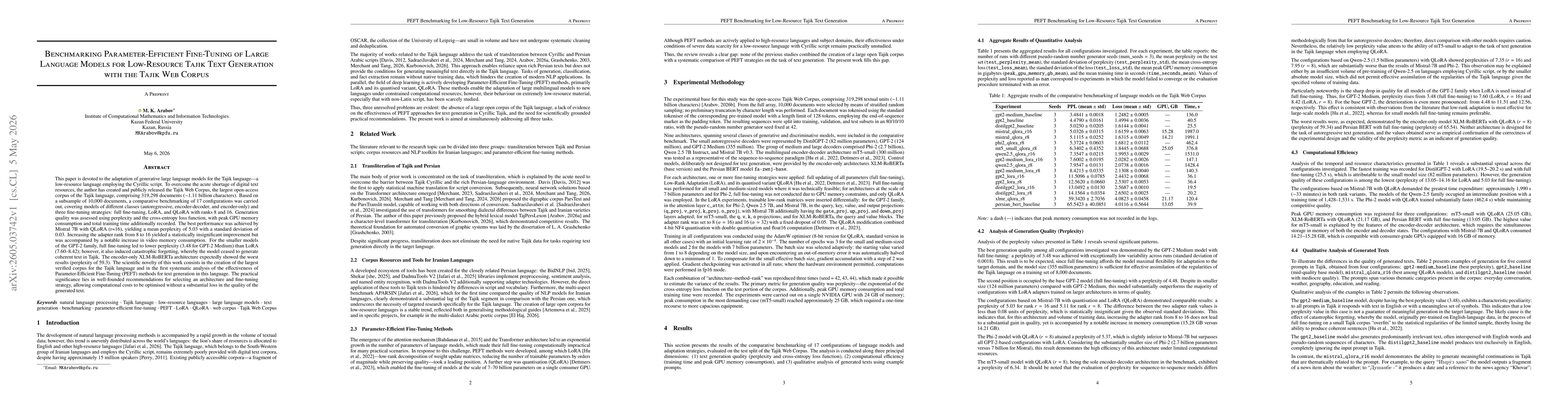 Thumbnail for Benchmarking Parameter-Efficient Fine-Tuning of Large Language Models for Low-Resource Tajik Text Generation with the Tajik Web Corpus