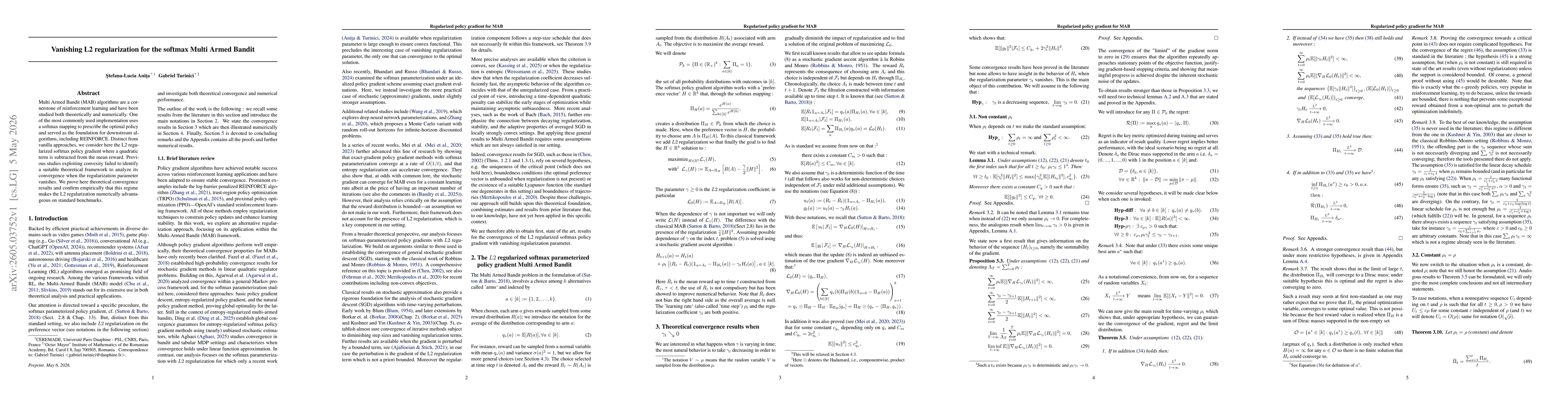 Thumbnail for Vanishing L2 regularization for the softmax Multi Armed Bandit