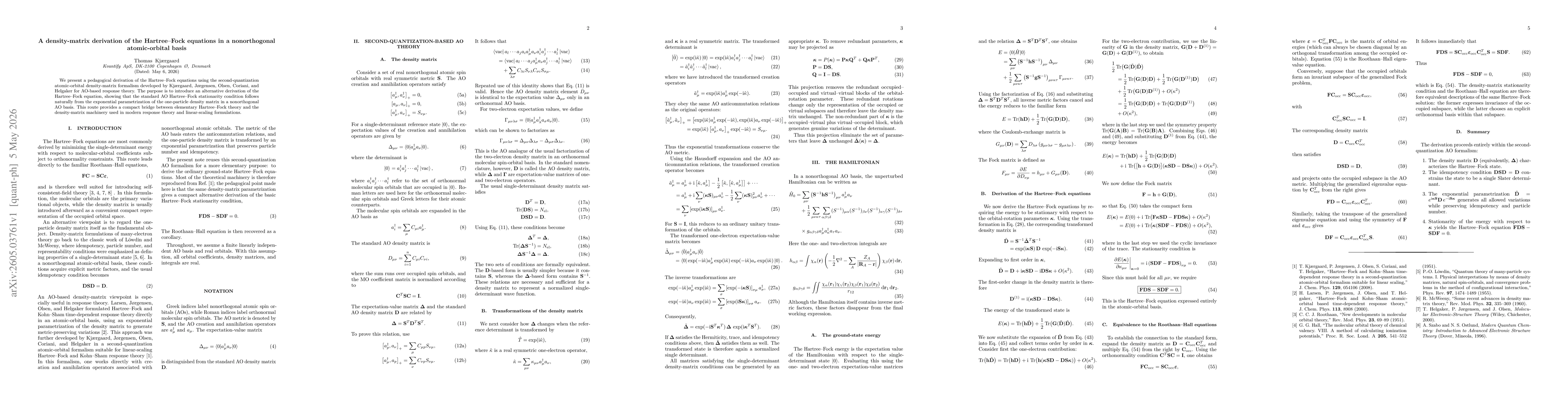 Thumbnail for A density-matrix derivation of the Hartree--Fock equations in a nonorthogonal atomic-orbital basis