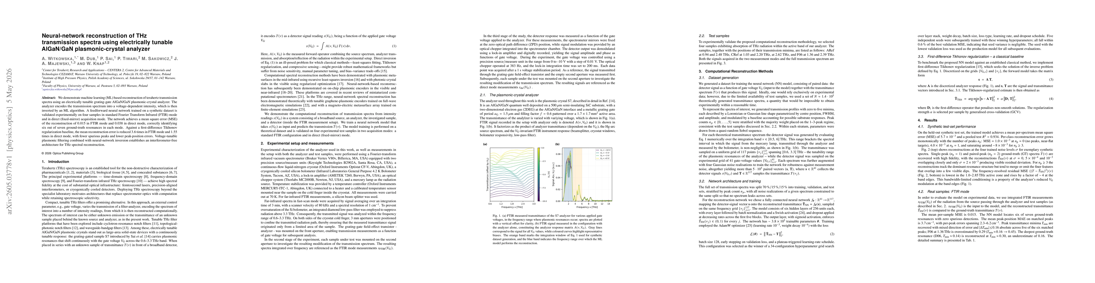 Thumbnail for Neural-network reconstruction of THz transmission spectra using electrically tunable AlGaN/GaN plasmonic-crystal analyzer