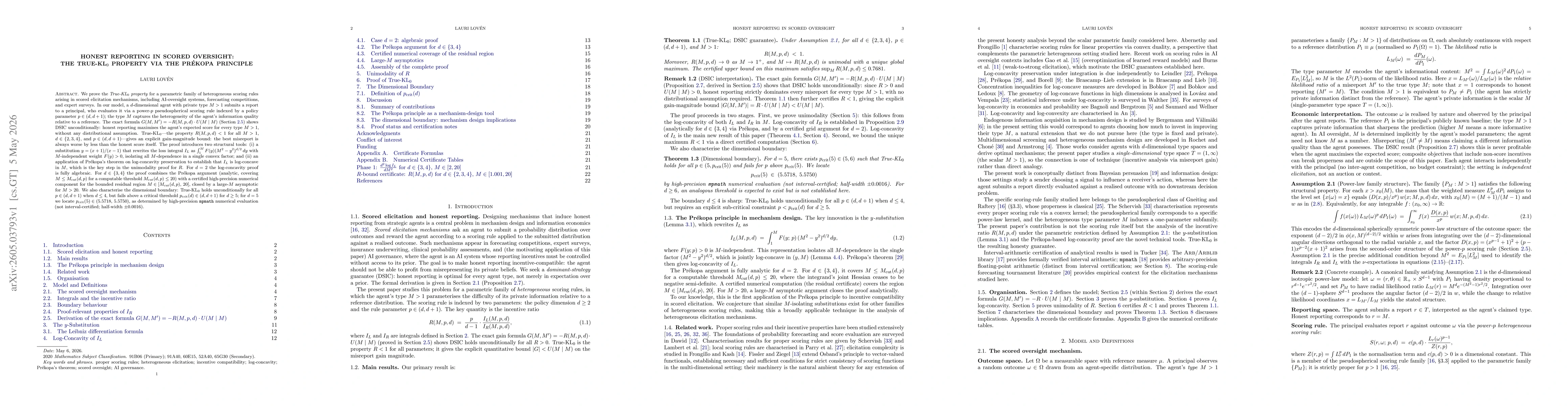 Thumbnail for Honest Reporting in Scored Oversight: True-KL0 Property via the Prekopa Principle