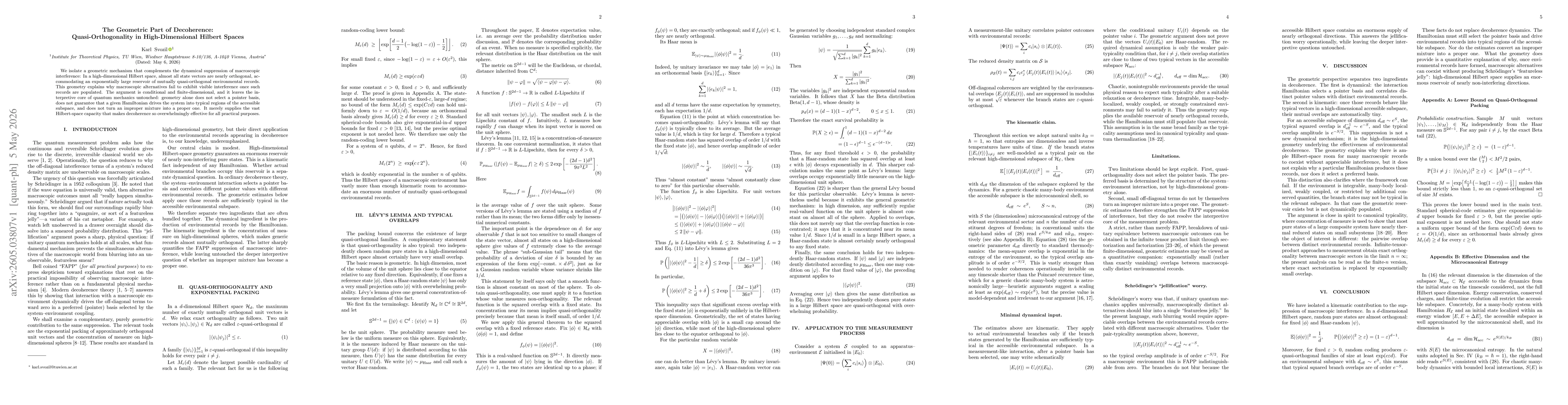 Thumbnail for The Geometric Part of Decoherence: Quasi-Orthogonality in High-Dimensional Hilbert Spaces