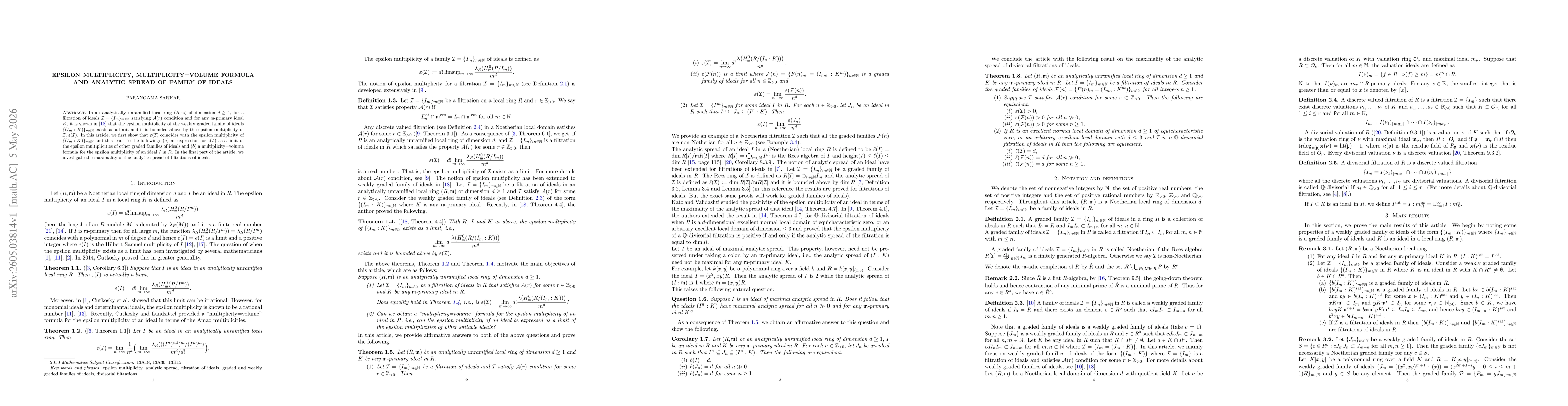 Thumbnail for Epsilon multiplicity, multiplicity=volume formula and analytic spread of family of ideals
