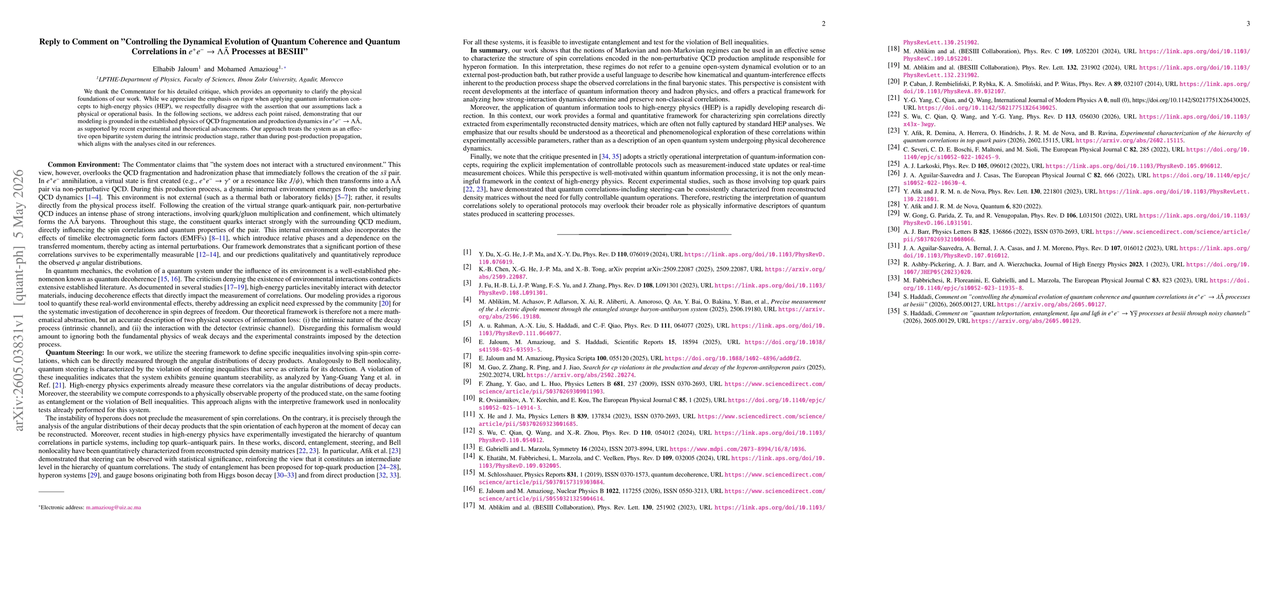 Thumbnail for Reply to Comment on "Controlling the Dynamical Evolution of Quantum Coherence and Quantum Correlations in $e^{+}e^{-} \to Λ\barΛ$ Processes at BESIII"