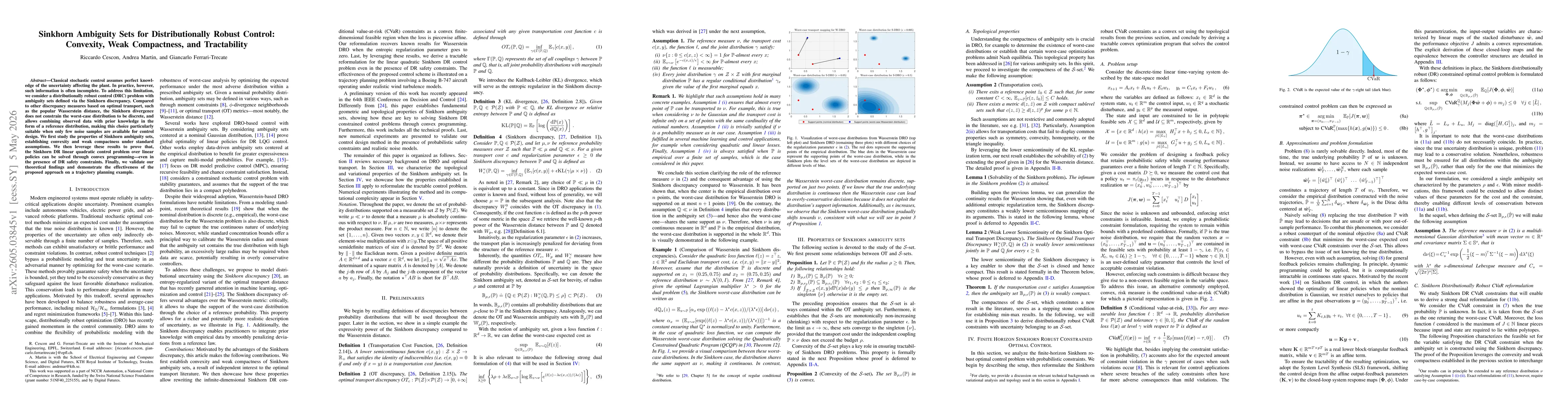 Thumbnail for Sinkhorn Ambiguity Sets for Distributionally Robust Control: Convexity, Weak Compactness, and Tractability