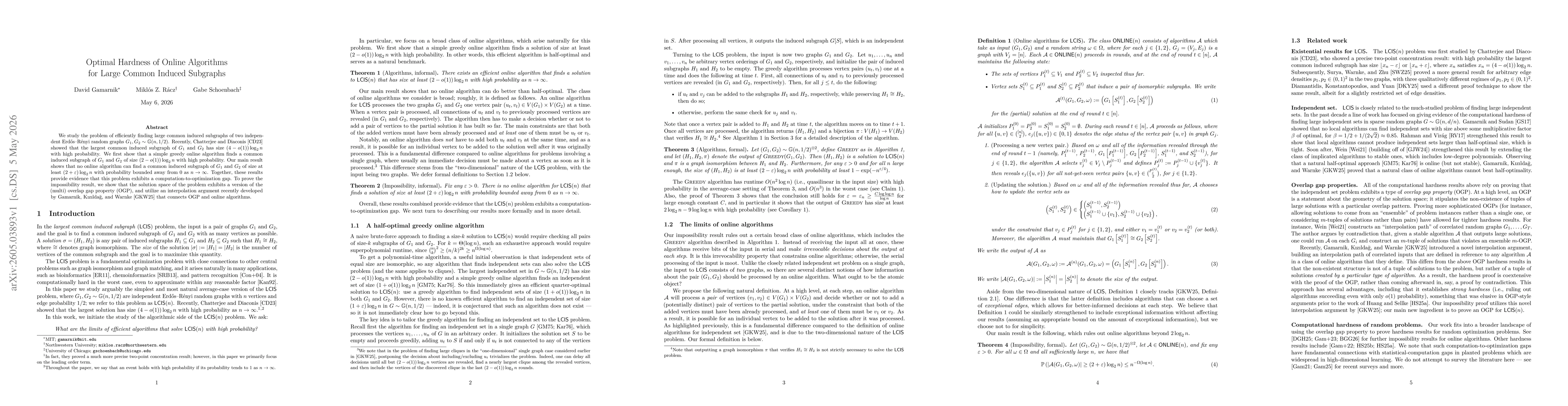 Thumbnail for Optimal Hardness of Online Algorithms for Large Common Induced Subgraphs