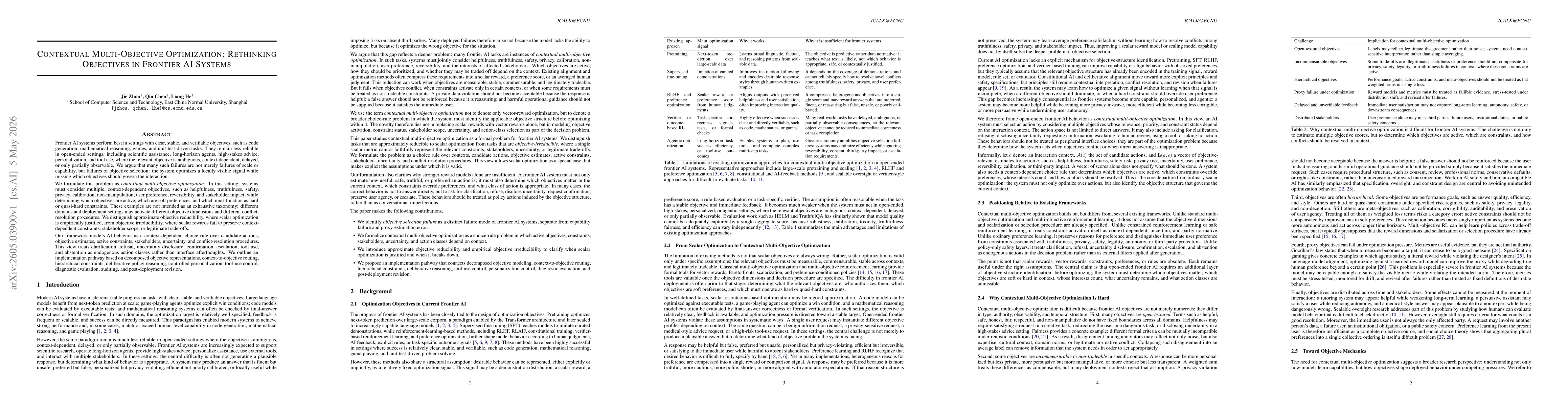 Thumbnail for Contextual Multi-Objective Optimization: Rethinking Objectives in Frontier AI Systems