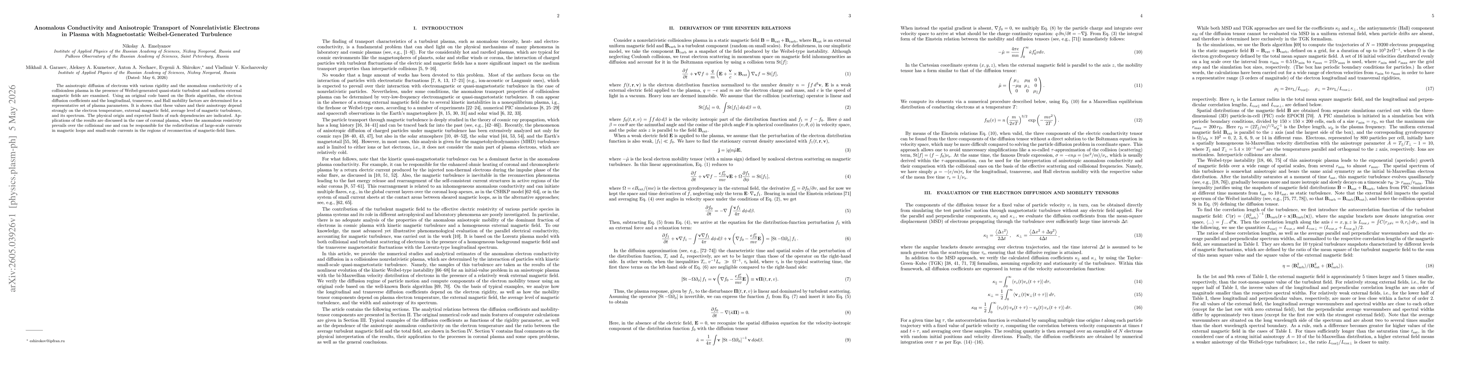 Thumbnail for Anomalous Conductivity and Anisotropic Transport of Nonrelativistic Electrons in Plasma with Magnetostatic Weibel-Generated Turbulence