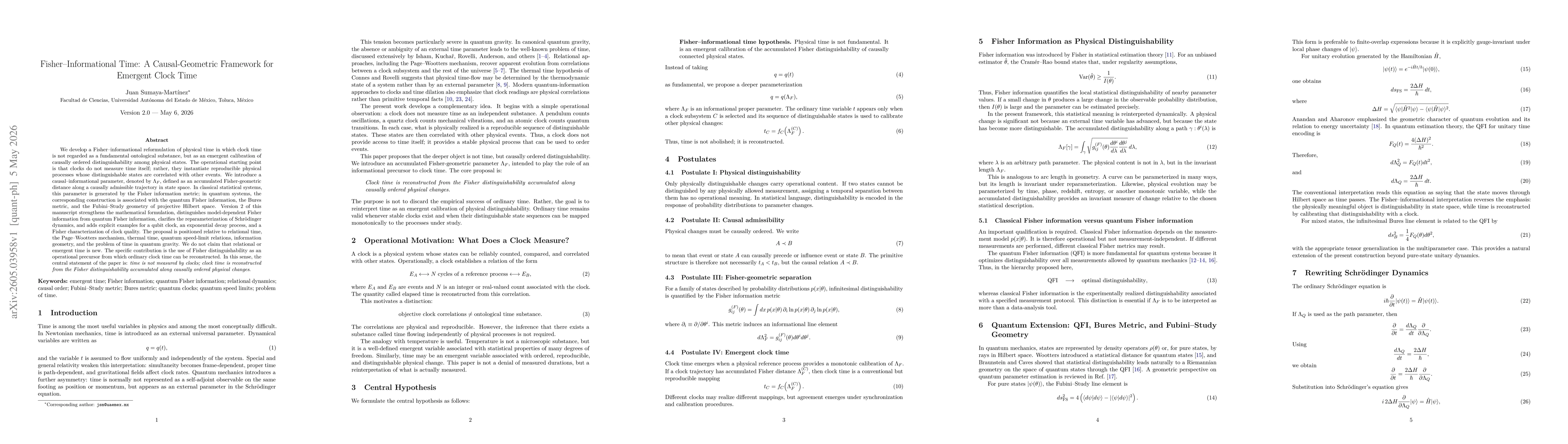 Thumbnail for Fisher-Informational Time: A Causal-Geometric Framework for Emergent Clock Time Physical Distinguishability
