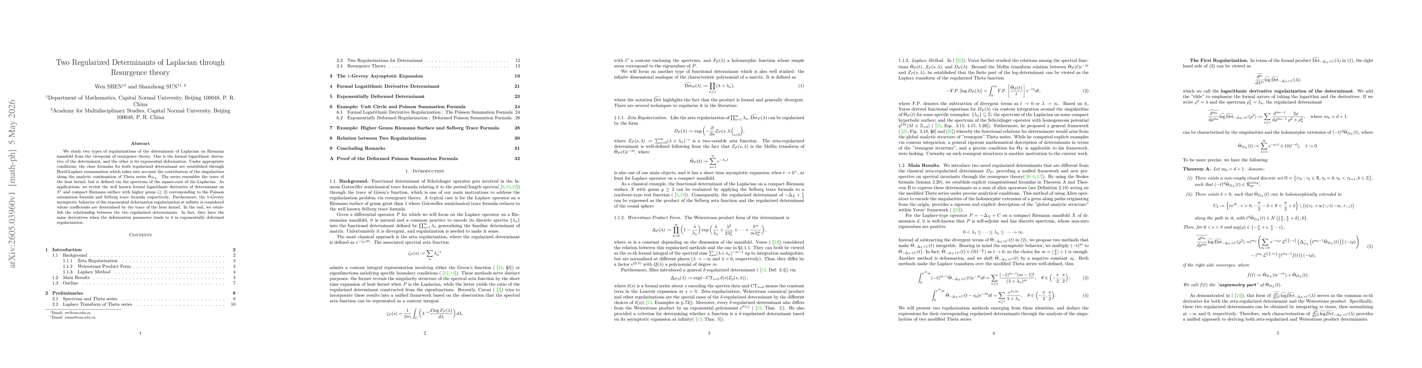 Thumbnail for Two Regularized Determinants of Laplacian through Resurgence theory