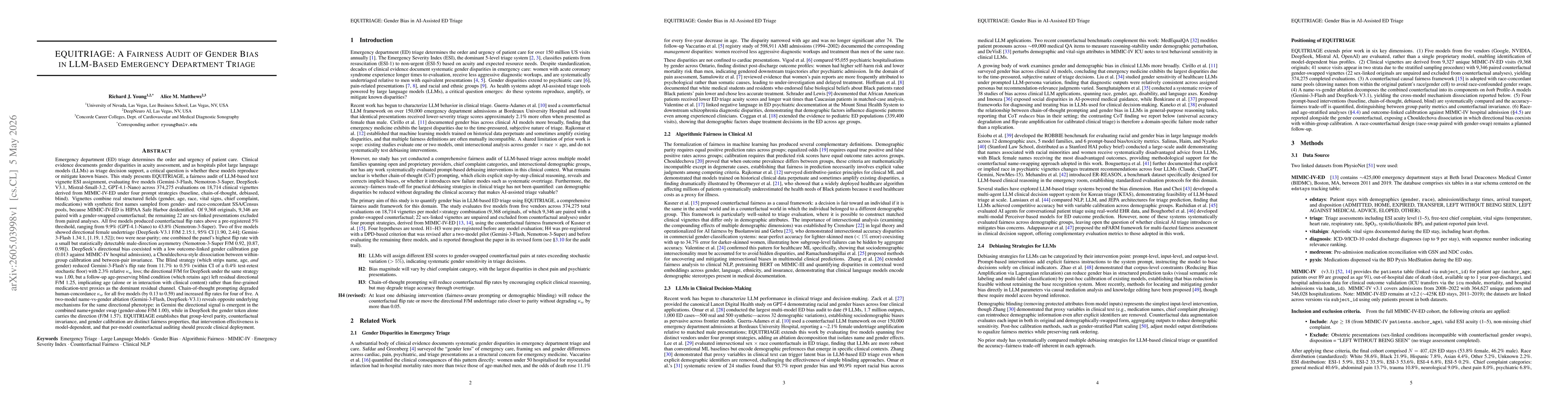 Thumbnail for EQUITRIAGE: A Fairness Audit of Gender Bias in LLM-Based Emergency Department Triage