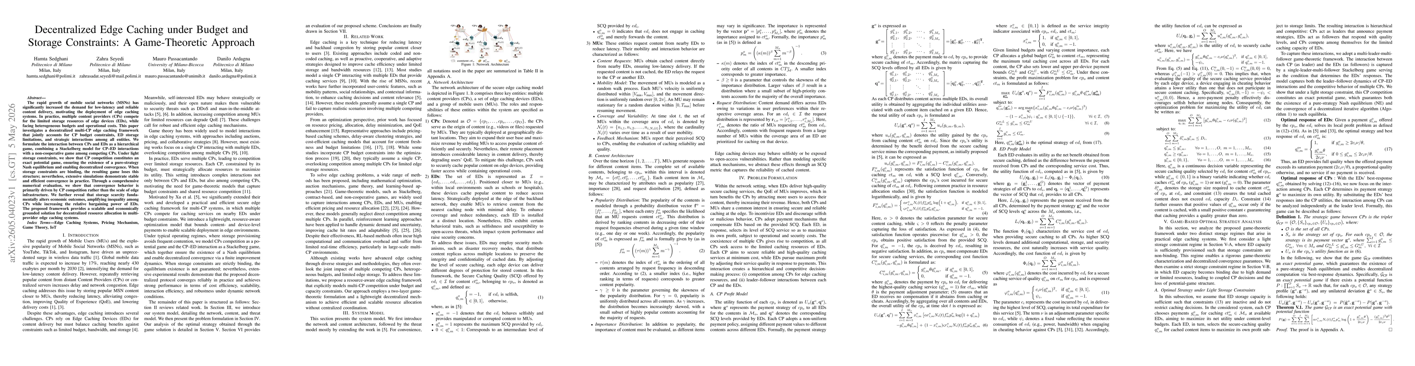 Thumbnail for Decentralized Edge Caching under Budget and Storage Constraints: A Game-Theoretic Approach