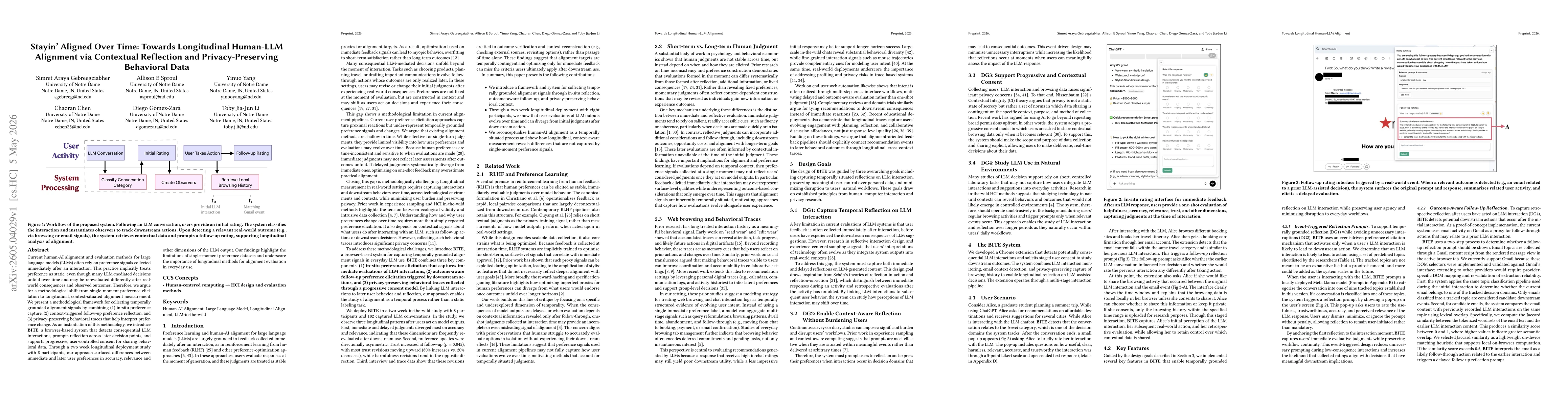 Thumbnail for Stayin' Aligned Over Time: Towards Longitudinal Human-LLM Alignment via Contextual Reflection and Privacy-Preserving Behavioral Data