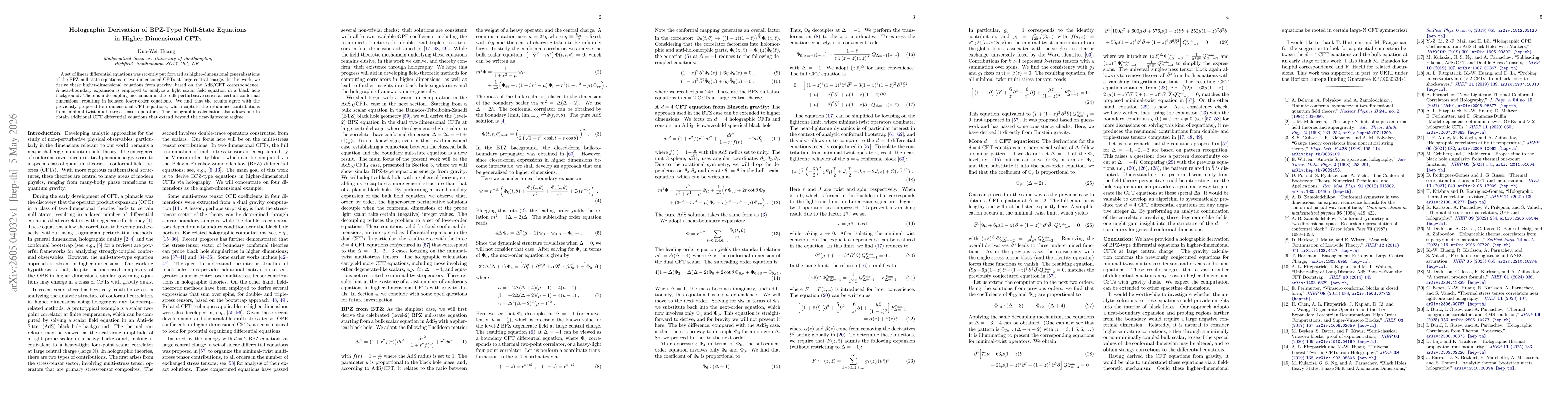 Thumbnail for Holographic Derivation of BPZ-Type Null State Equations in Higher Dimensional CFTs