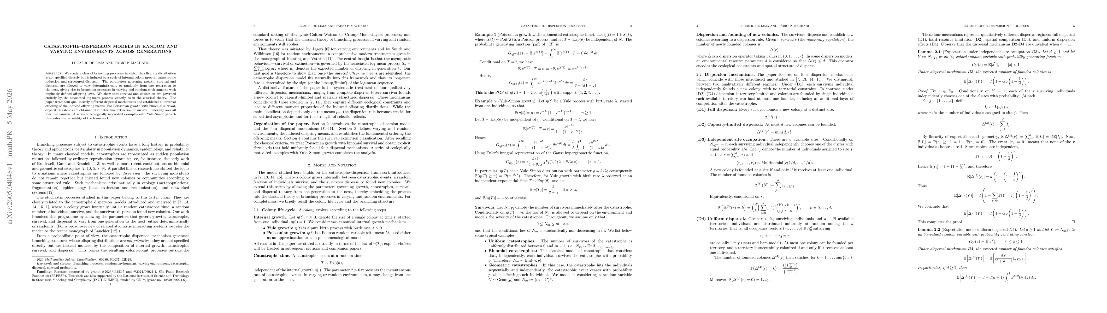 Thumbnail for Catastrophe-dispersion models in random and varying environments across generations