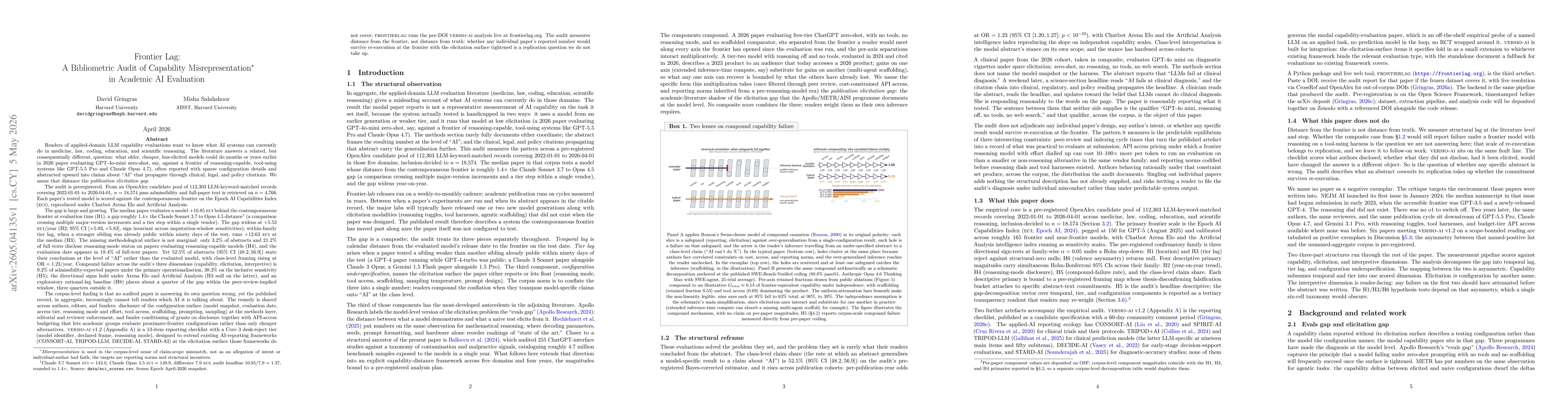 Thumbnail for Frontier Lag: A Bibliometric Audit of Capability Misrepresentation in Academic AI Evaluation