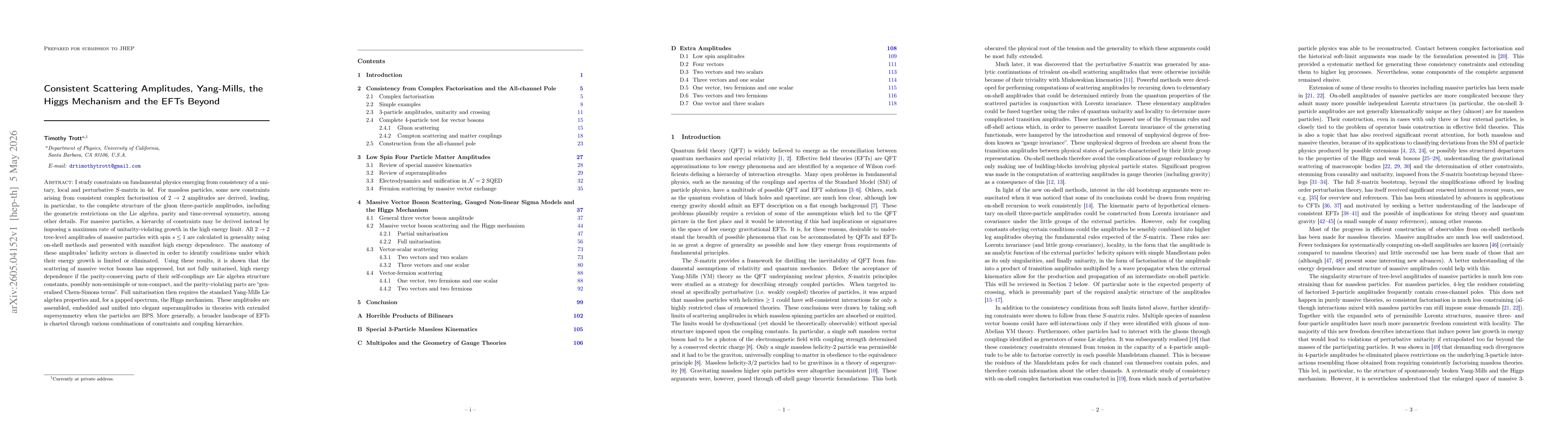 Thumbnail for Consistent Scattering Amplitudes, Yang-Mills, the Higgs Mechanism and the EFTs Beyond