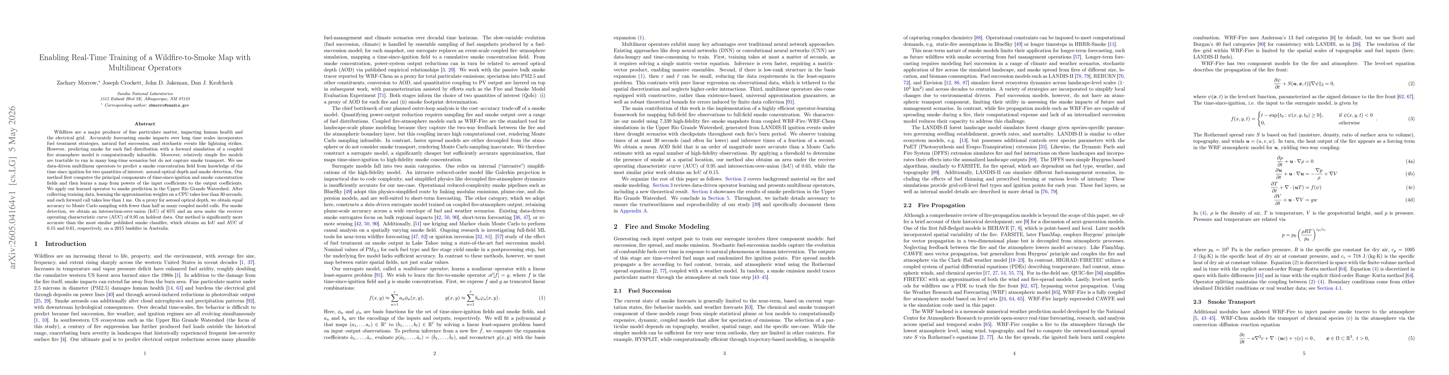 Thumbnail for Enabling Real-Time Training of a Wildfire-to-Smoke Map with Multilinear Operators