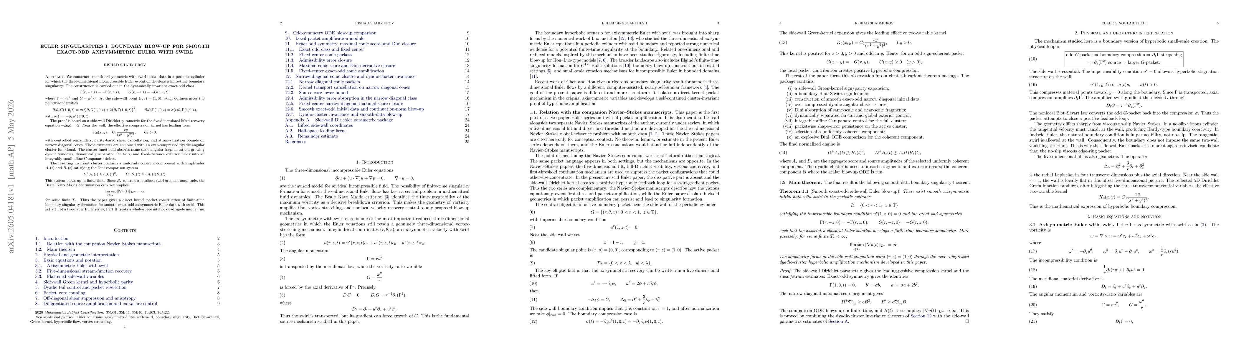 Thumbnail for Euler Singularities I: Boundary Blow-Up for Smooth Exact-Odd Axisymmetric Euler with Swirl